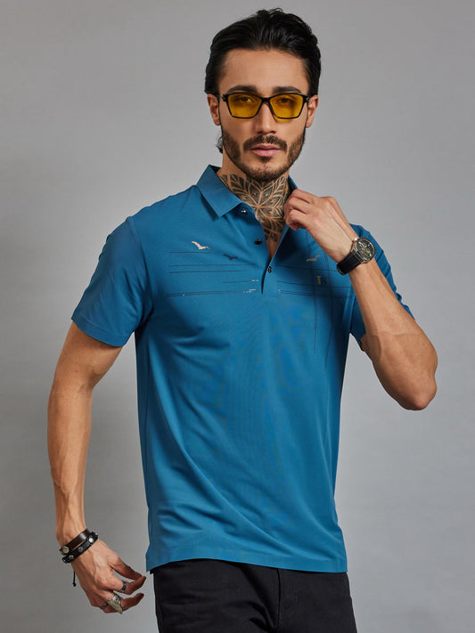 OTFIT T-Shirt Men’s Premium Stitchless Polo T-Shirt – Ocean Teal Blue Hotfix Chest Design Nylon Fabric