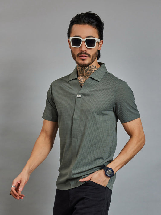 OTFIT T-Shirt Men’s Sage Green Resort Polo T-Shirt - Popcorn Knit & Net Panel, Lightweight & Breathable
