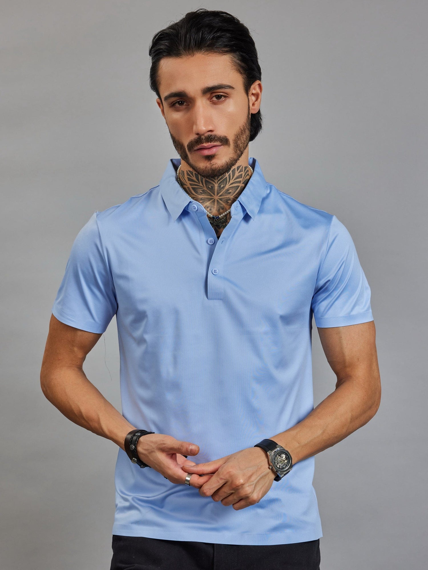 OTFIT T-Shirt Men’s Sky Blue Stitchless Polo T-Shirt – No Pocket Premium Nylon, 3-Button Placket