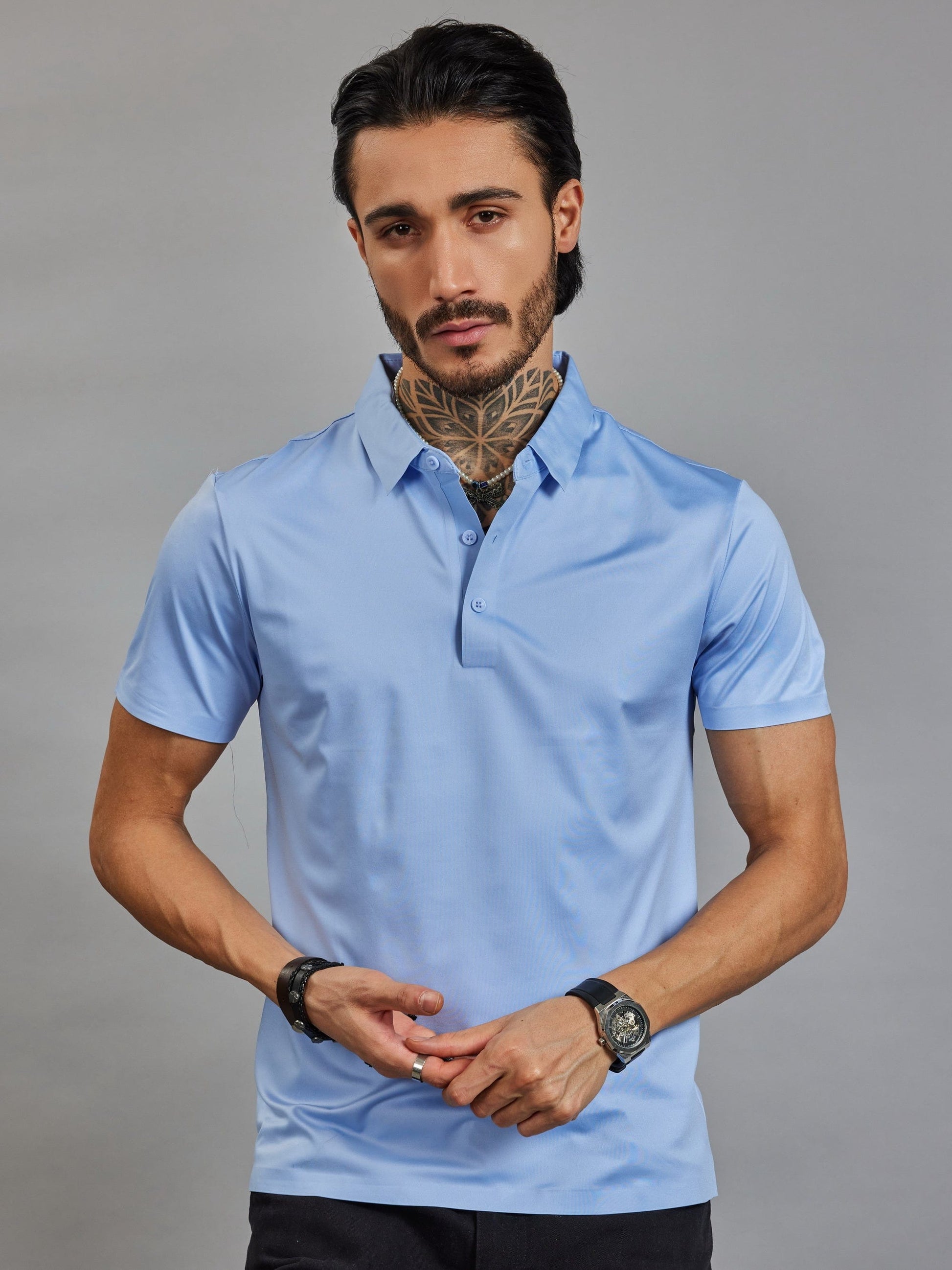 OTFIT T-Shirt Men’s Sky Blue Stitchless Polo T-Shirt – No Pocket Premium Nylon, 3-Button Placket