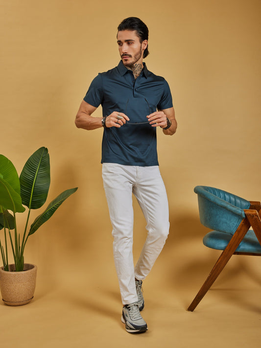 OTFIT T-Shirt Men’s Stitchless Polo T-Shirt – Deep Teal Blue Premium Nylon, No Pocket, 3-Button Collar