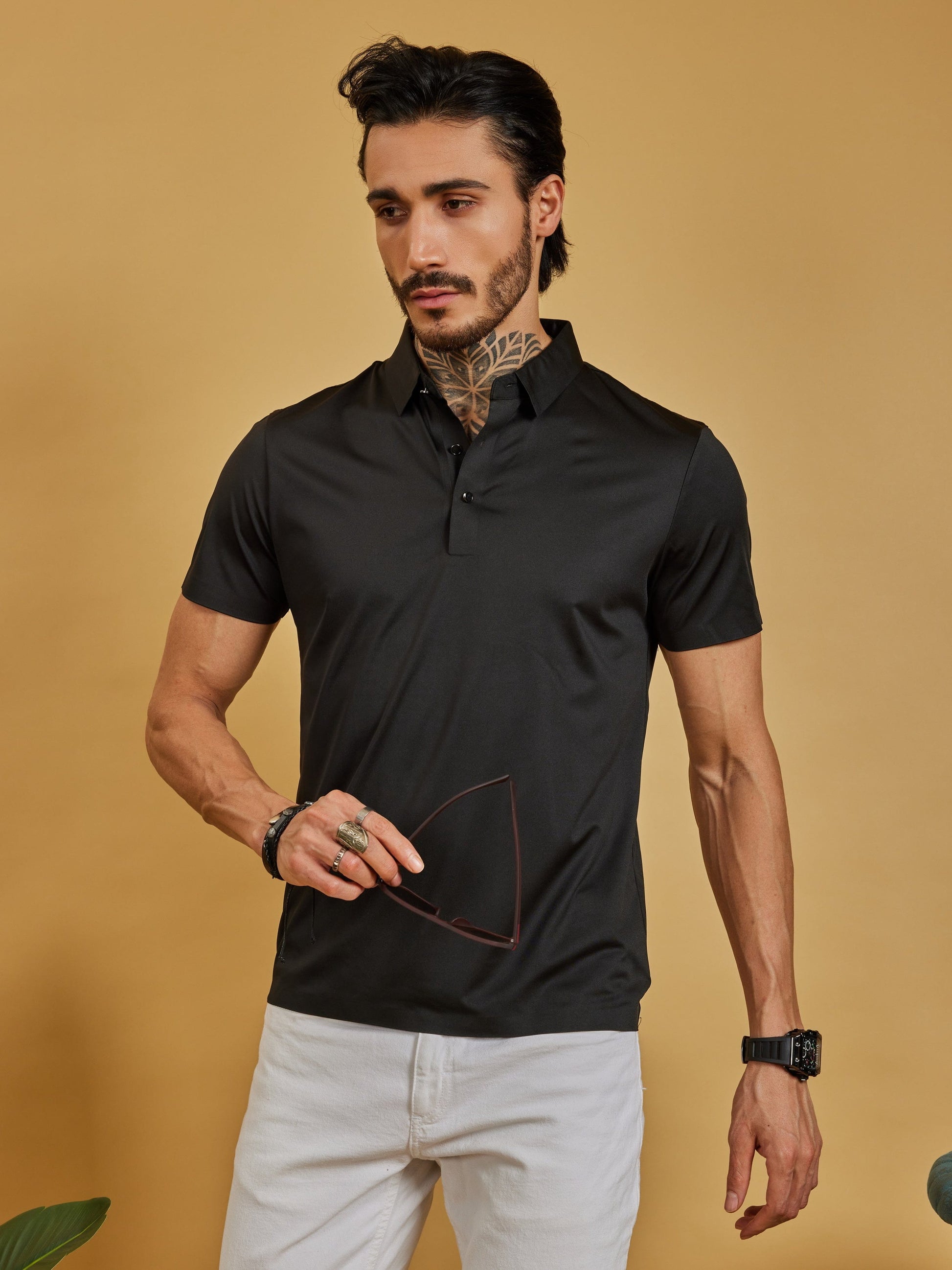 OTFIT T-Shirt Men’s Stitchless Polo T-Shirt – Jet Black Premium Nylon, No Pocket, 3-Button Placket