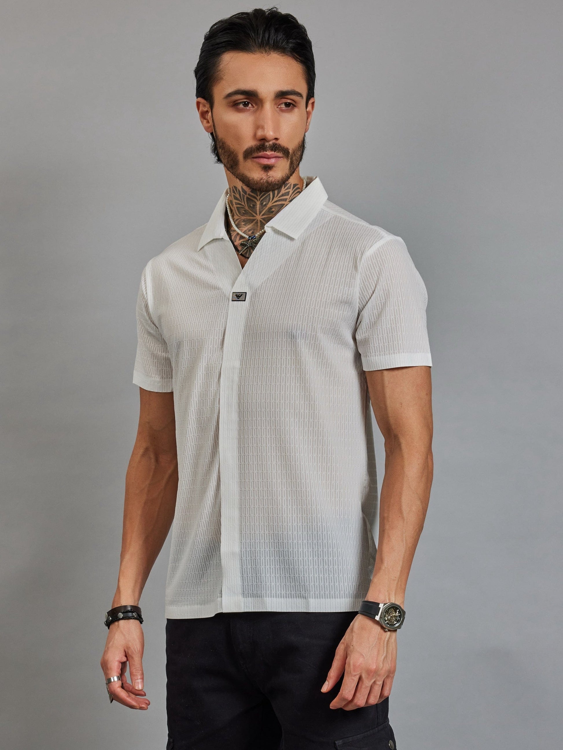 OTFIT T-Shirt Men’s White Resort Polo T-Shirt - Popcorn Knit & Net Panel, Lightweight & Breathable