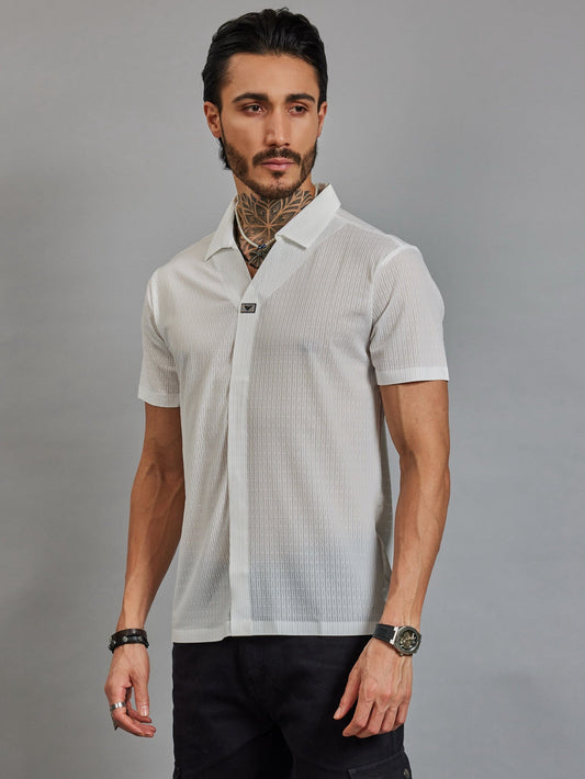 OTFIT T-Shirt Men’s White Resort Polo T-Shirt - Popcorn Knit & Net Panel, Lightweight & Breathable